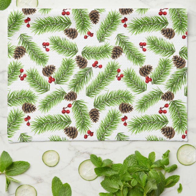 Christmas Pine & Red Berries Tea Towel (Folded)