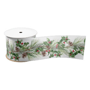 Christmas Pine Stems and Holly Berries Satin Ribbon