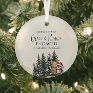 Christmas Pine Tree Bear Penguin Couple Engagement Glass Tree Decoration
