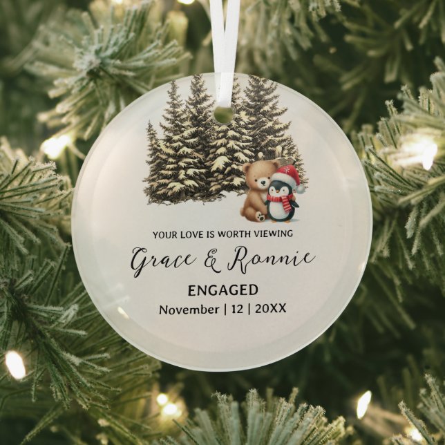 Christmas Pine Tree Bear Penguin Couple Engagement Glass Tree Decoration (Insitu)