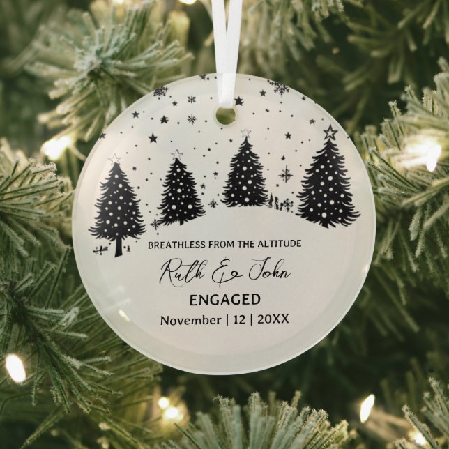 Christmas Pine Tree Bear Skiing Couple Engagement Glass Tree Decoration (Insitu)