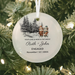 Christmas Pine Tree Bear Skiing Couple Engagement Glass Tree Decoration