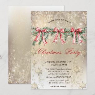 Christmas Pine Tree Branch Red Bow Gold Party Invitation