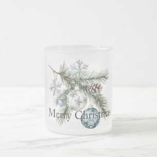 Christmas Pine Tree Branches Blue White Ornaments Frosted Glass Coffee Mug