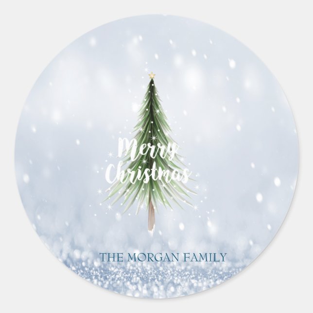 Christmas Pine Tree Merry Christmas Blue Holiday Classic Round Sticker (Front)