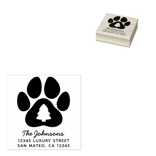 Christmas Pine Tree Paw Print Holiday Address Rubber Stamp (Stamped)