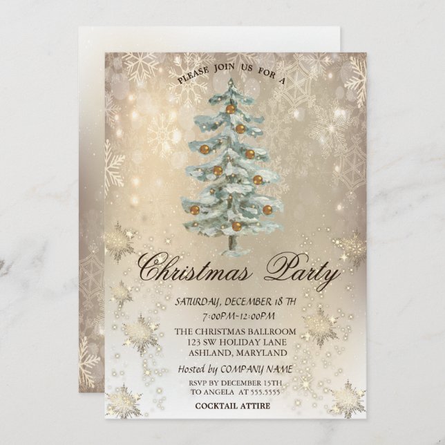 Christmas Pine Tree Snowflakes Gold Party  Invitation (Front/Back)
