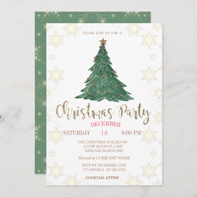  Christmas Pine Tree,Snowflakes Green Company  Invitation (Front/Back)