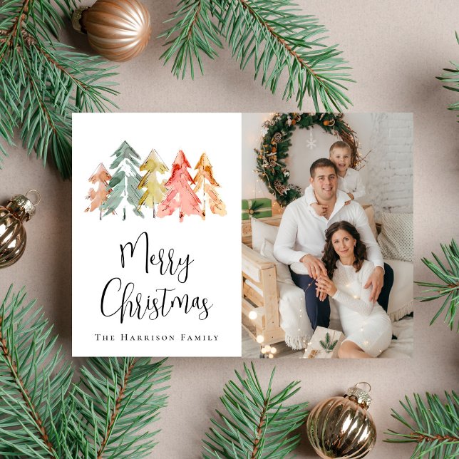 Christmas Pine Tree Watercolor Photo Holiday Card (Share the love and warmth of the holiday season with this personalized photo Christmas card)