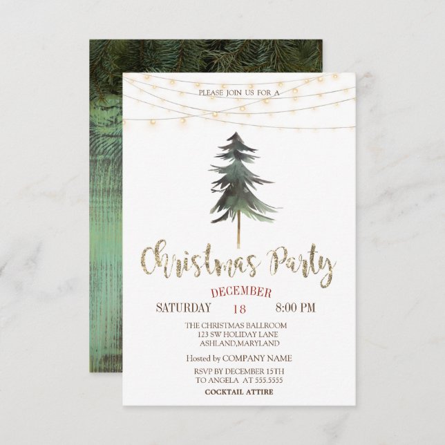 Christmas Pine Trees,Lights Wood Christmas Party Invitation (Front/Back)