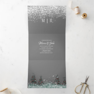 Christmas Pine Trees Snow Scene Wedding Tri-Fold Invitation