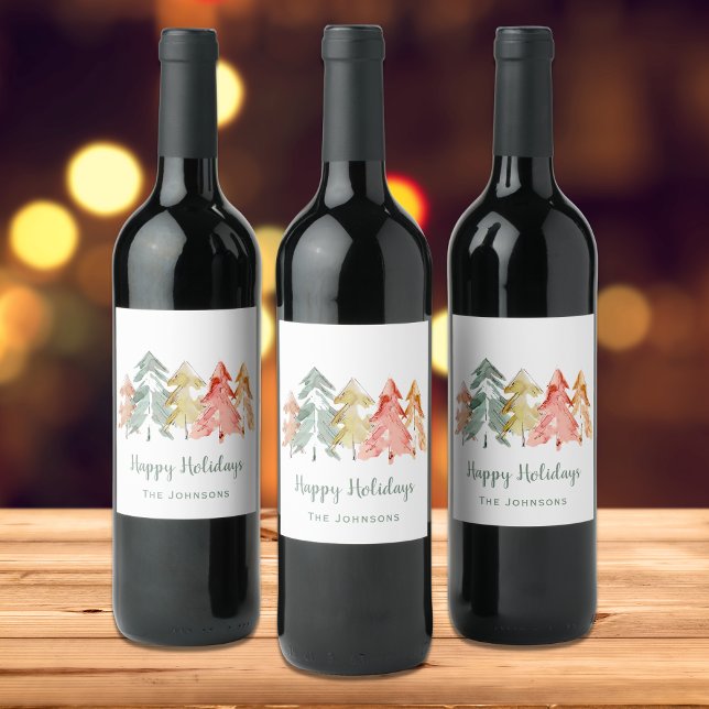 Christmas Pine Trees Watercolor Personalised Wine Label (Creator Uploaded)