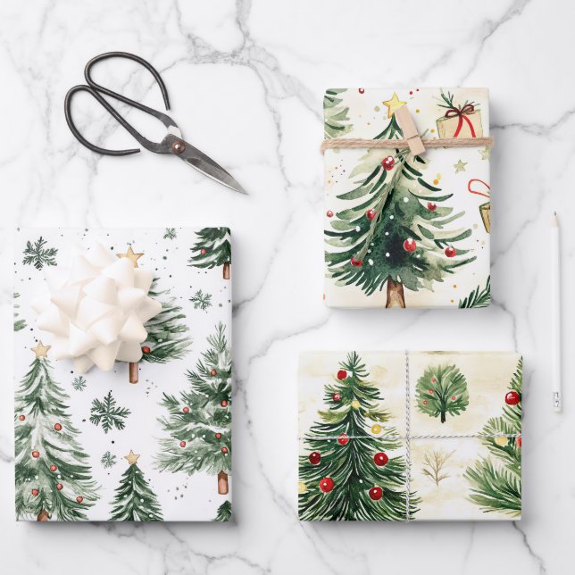 Christmas Pine Trees Whimsical Wrapping Paper Sheet (Front)