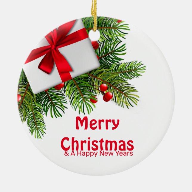 Christmas Pine Trees with White Present Red Bow  Ceramic Tree Decoration (Back)