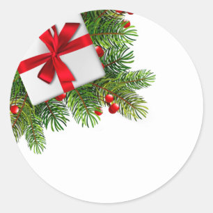 Christmas Pine Trees with White Present Red   Classic Round Sticker