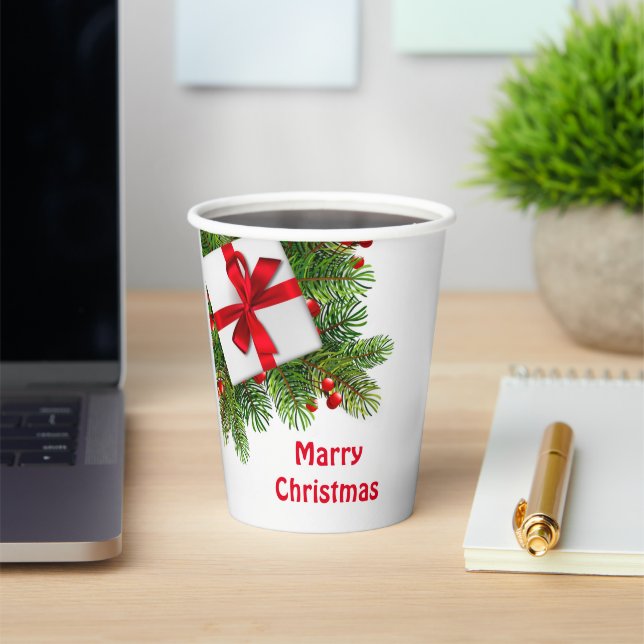 Christmas Pine Trees with White Present Red   Paper Cups (Insitu)