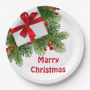 Christmas Pine Trees with White Present Red  Paper Plate