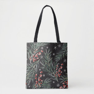 Christmas Pine Twigs Black Background Tote Bag