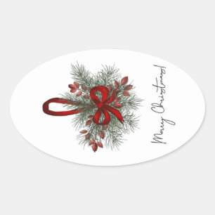 Christmas Pine with Red Bow  Oval Sticker