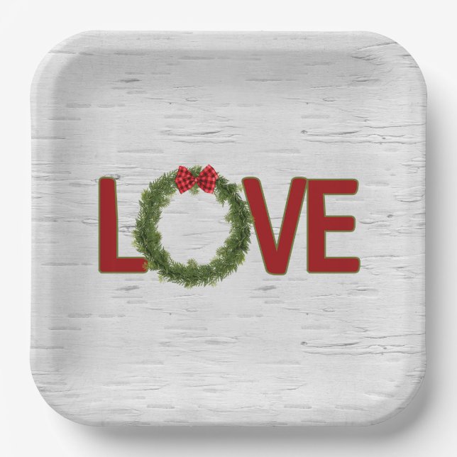 Christmas Pine Wreath and LOVE Text On Birch Paper Plate (Front)