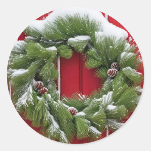 Christmas Pine Wreath On Red Barn Classic Round Sticker