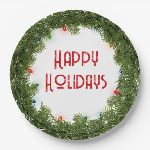 Christmas Pine Wreath with Lights Paper Plate
