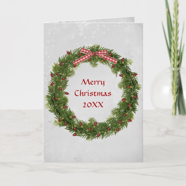 Christmas Pine Wreath with Red Gingham Bow Card (Front)