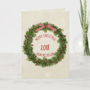 Christmas pine wreath with red lights card