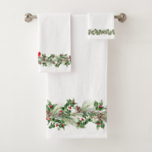 Christmas Pinecone and Holly Garland  Bath Towel Set