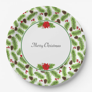 Christmas Pinecones & Red Berries Paper Plate