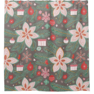 Christmas pines poinsettia pattern shower curtain