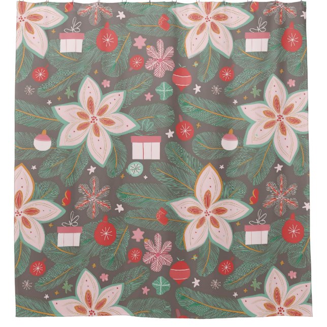 Christmas pines poinsettia pattern shower curtain (Front)