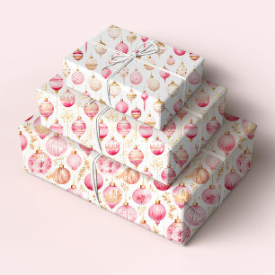 Christmas Pink and Gold Ornaments Wrapping Paper Sheet