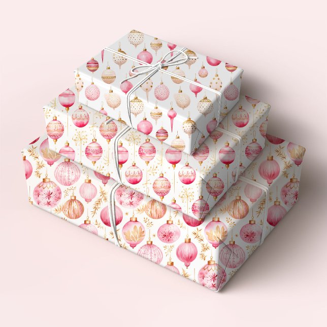 Christmas Pink and Gold Ornaments Wrapping Paper Sheet (Creator Uploaded)