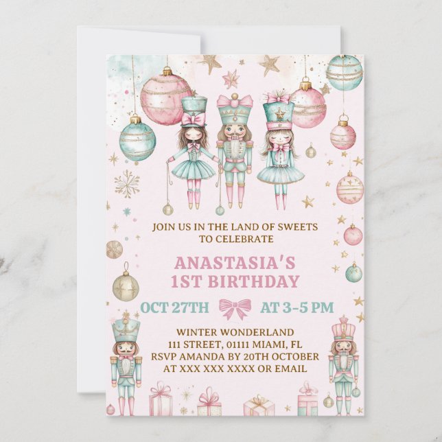 Christmas Pink Ballerinas 1ST Birthday  Invitation (Front)