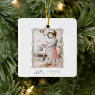 Christmas Pink Bow Green Garland Photo Ceramic Ornament