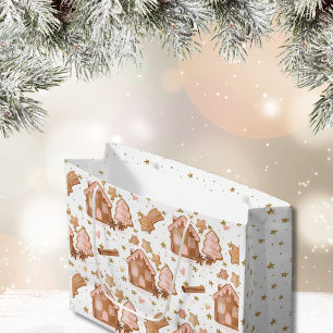 Christmas Pink Brown Gingerbread Houses Gold Stars Large Gift Bag