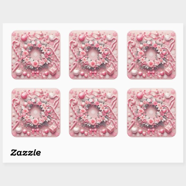 Christmas Pink Candy Canes Balls Wreath Square Sticker (Sheet)