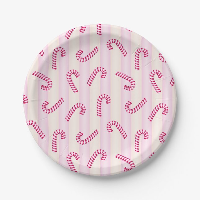Christmas Pink Candycanes Pattern Paper Plate (Front)