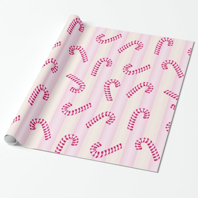 Christmas Pink Candycanes Pattern Wrapping Paper (Unrolled)