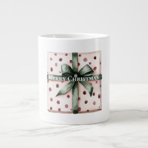 Christmas Pink Dots Green Ribbon & Bow Large Coffee Mug