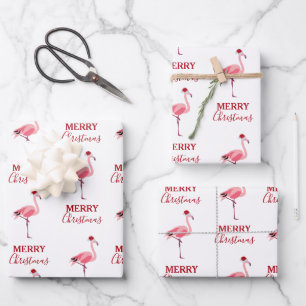 Christmas Pink Flamingo Bird with Santa Hat Wrapping Paper Sheet