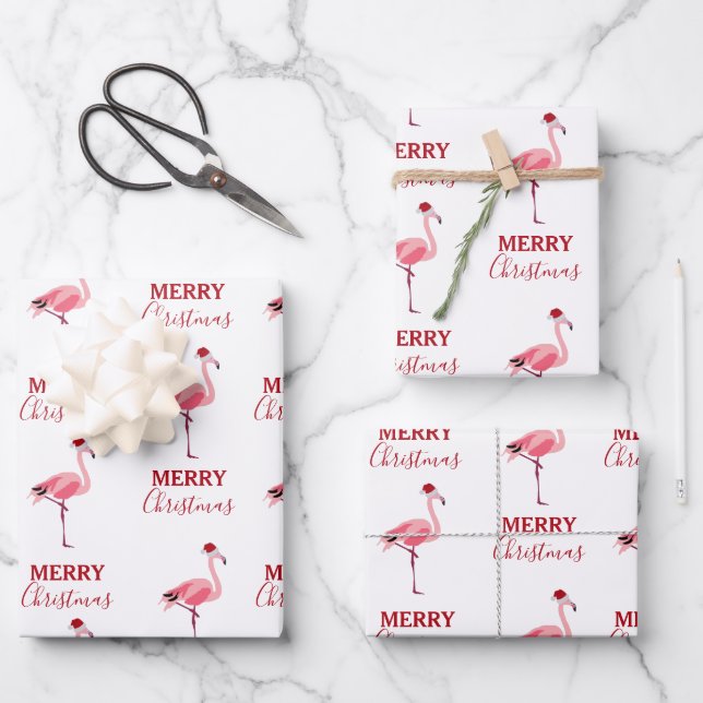 Christmas Pink Flamingo Bird with Santa Hat Wrapping Paper Sheet (Front)