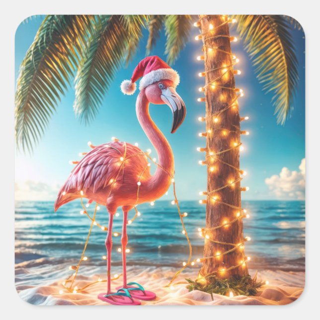 Christmas Pink Flamingo In Tangled Lights Square Sticker (Front)