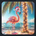 Christmas Pink Flamingo In Tangled Lights Square Sticker<br><div class="desc">A festive flamingo wearing a Santa hat and flip-flops stands on a sandy beach beside a palm tree wrapped in glowing lights</div>