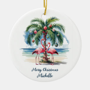 Christmas Pink Flamingo Palm Trees Personalized Ceramic Tree Decoration