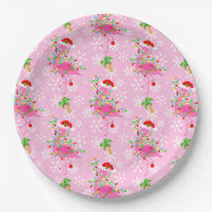 Christmas Pink Flamingo Pattern Paper Plate