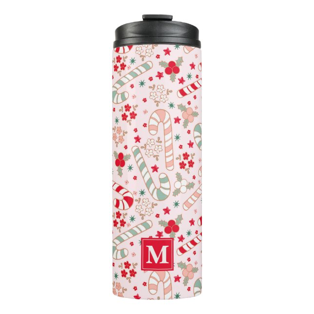 Christmas Pink Floral Holly Candy Cane Custom Thermal Tumbler (Front)