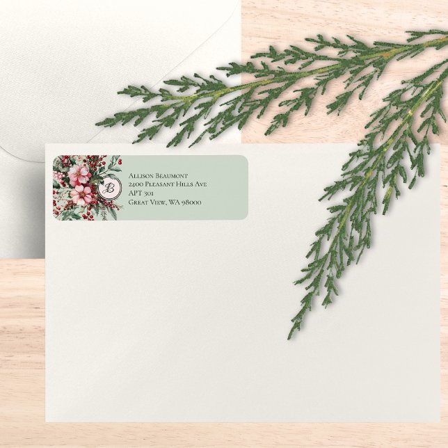 Christmas Pink Floral Spray Elegant Monogrammed (Pink Christmas floral spray monogrammed return address label on an envelope.)