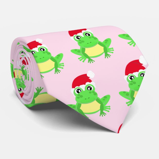 Christmas Pink Frog Santa Hat Pattern Novelty  Tie (Rolled)